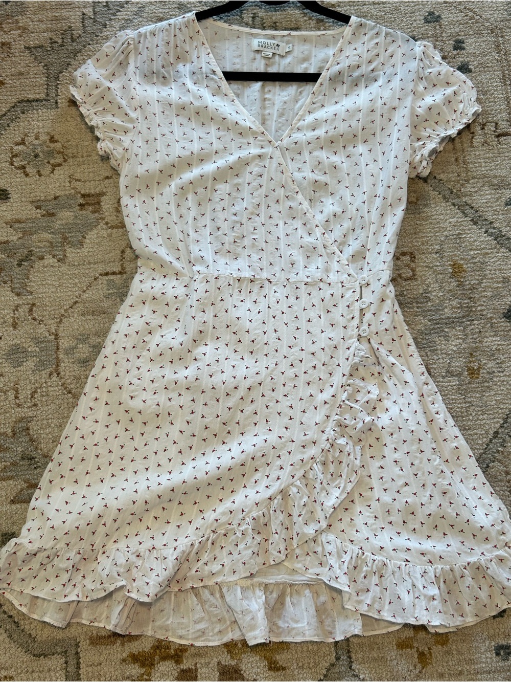 Molly Bracken White Mini Wrap Dress with Red Floral Print